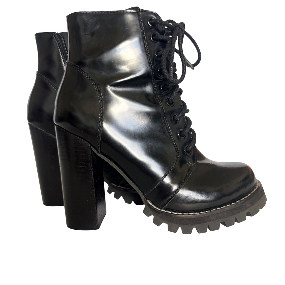 Jeffrey Campbell Legion Black Leather LaceUp Lug Sole Block Heel Boots 6M Grunge